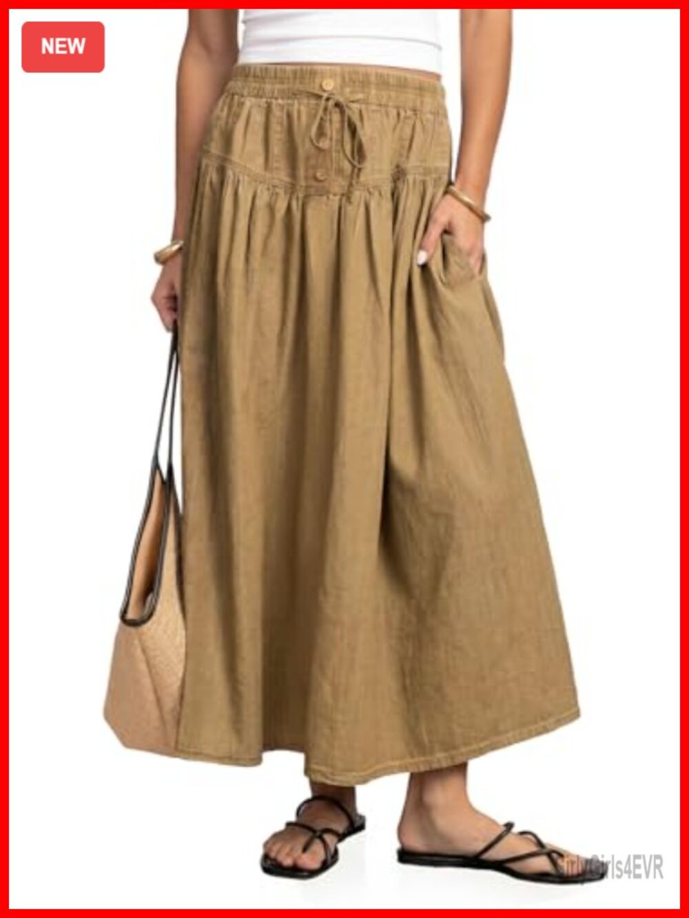 Flowyair Womens Drawstring High Waisted Denim Midi A-Line Skirt Button Front